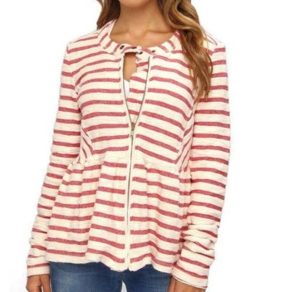 Free People Cream and Pink Striped Zip Front Peplum Jacket